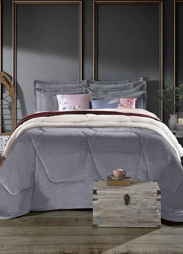 Edredom Plush Sherpa Cinza Casal Slim 1 Peça