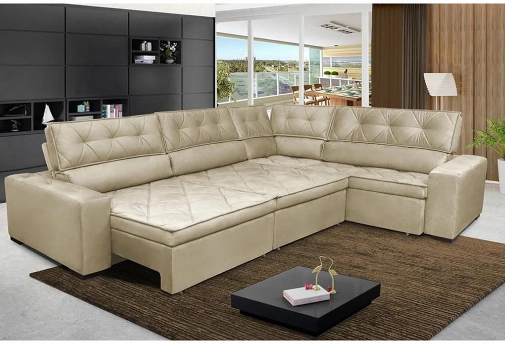 Sofa de Canto Retrátil e Reclinável com Molas Cama inBox Austin 3,45X2,44 ou 2,44X3,45 Suede Velusoft Bege