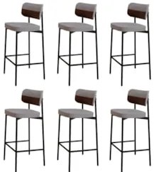 Banqueta Alta Bar Estofada Kit 6 Ella M25 Linho Cinza CL/Marrom - Mpoz
