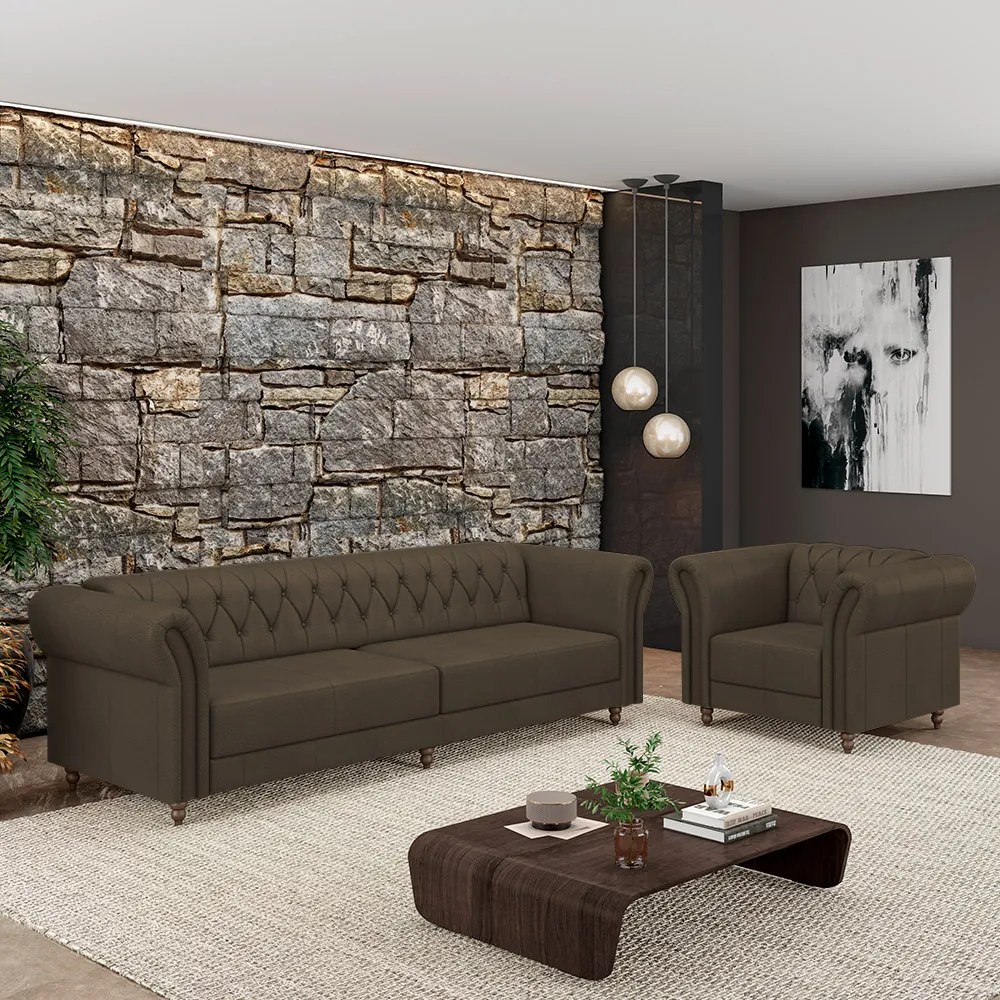 Conjunto Sala de Estar 1 Sofá Living 260cm e 1 Poltrona Stanford Chesterfield Pés Madeira Couro Capuccino G58 - Gran Belo