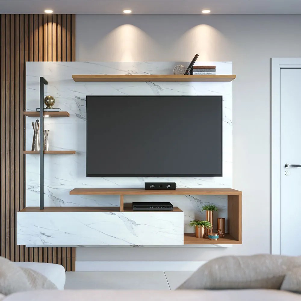 Painel TV 58 Pol 180cm Bancada Suspensa Jordan C04 - D'Rossi - Freijó e Branco Neve
