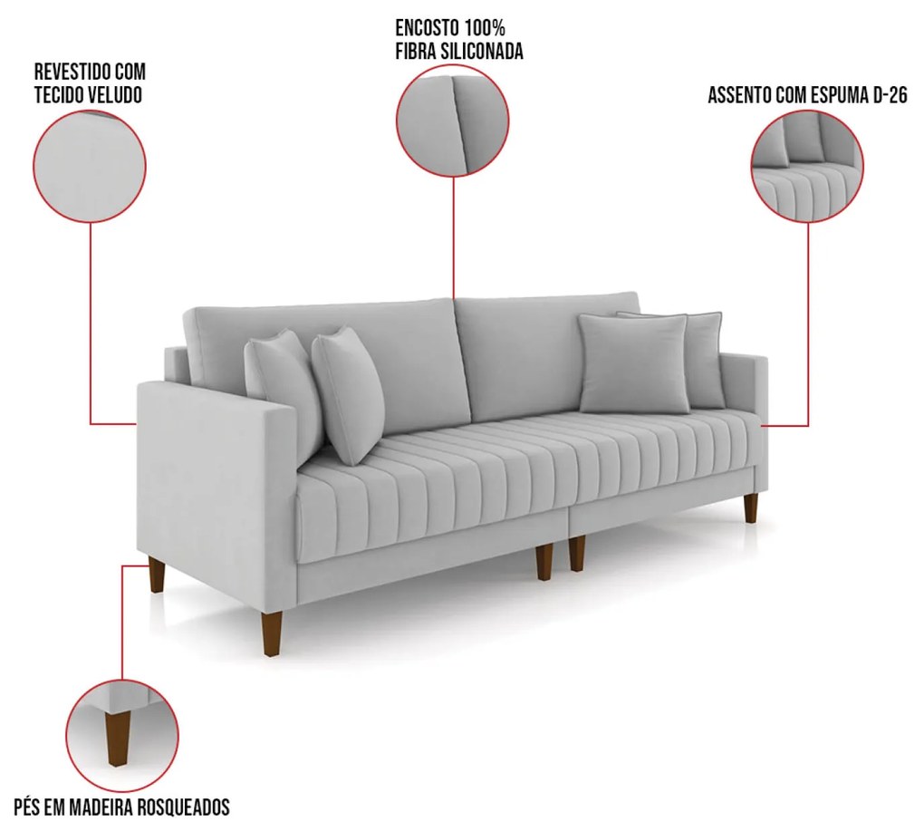 Sofá 3 Lugares Living 196cm Pés Madeira Cléo Veludo Cinza K01 - D'Rossi