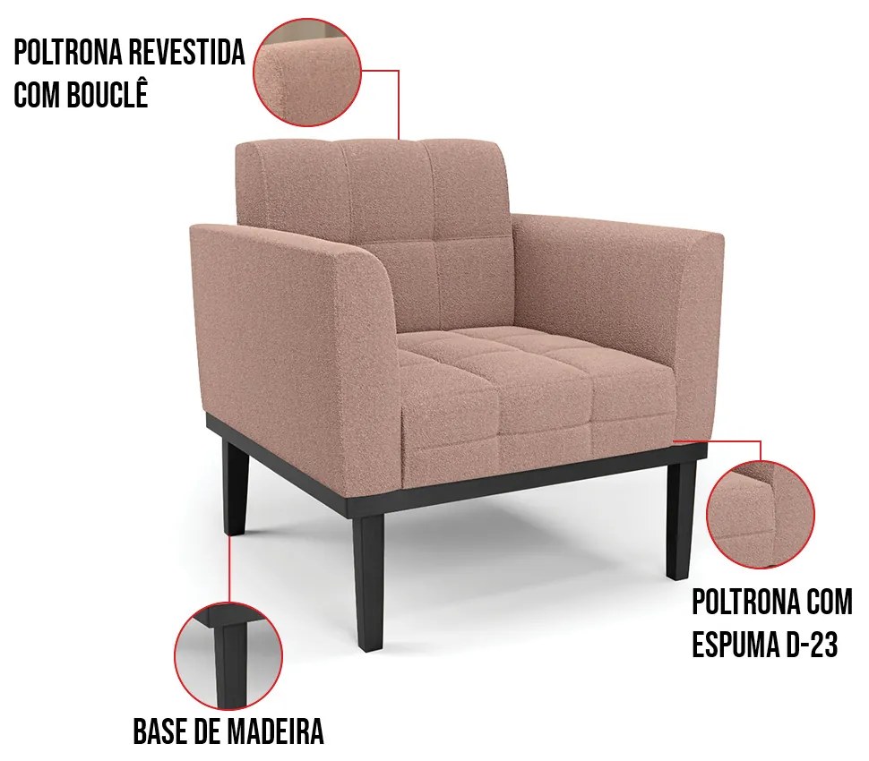 Poltrona para Sala Base Madeira Fixa Preto Elisa Bouclê Rosê D03 - D'Rossi