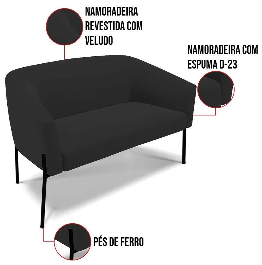 Sofá 2 Lugares Namoradeira Pé de Ferro Preto Stella Veludo D03 - D'Rossi - Preto