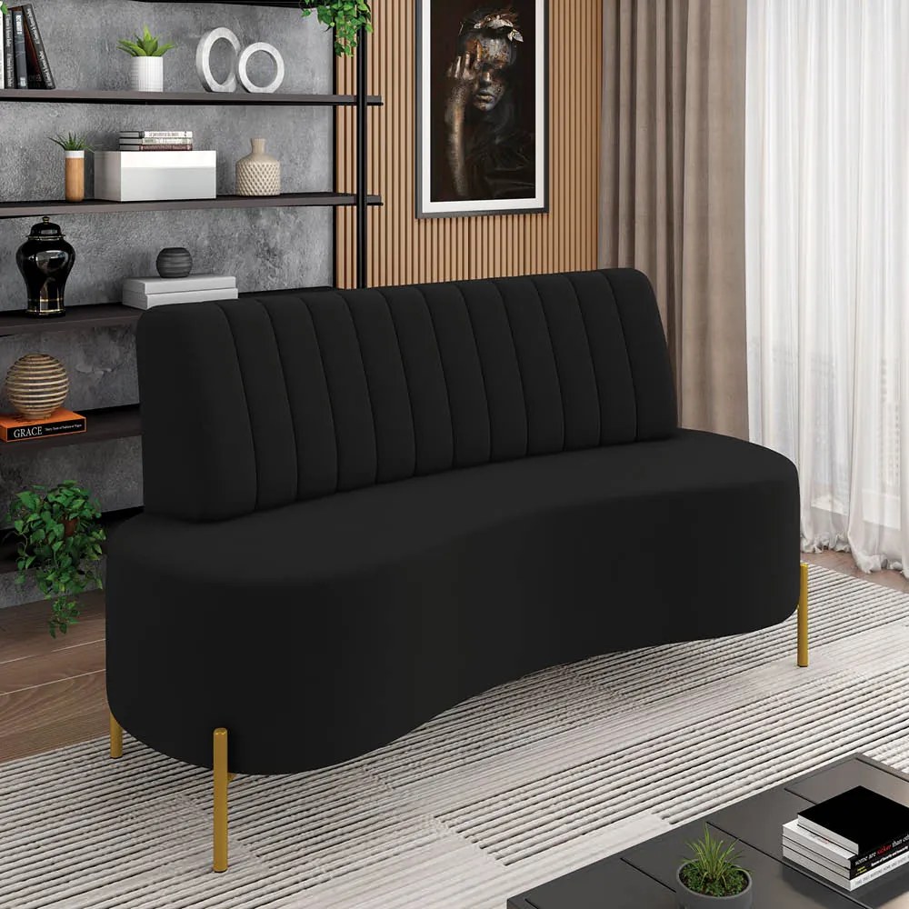 Sofá 2 Lugares Living 160cm Pé Ferro Dourado Maraú Veludo K01 - D'Rossi - Preto