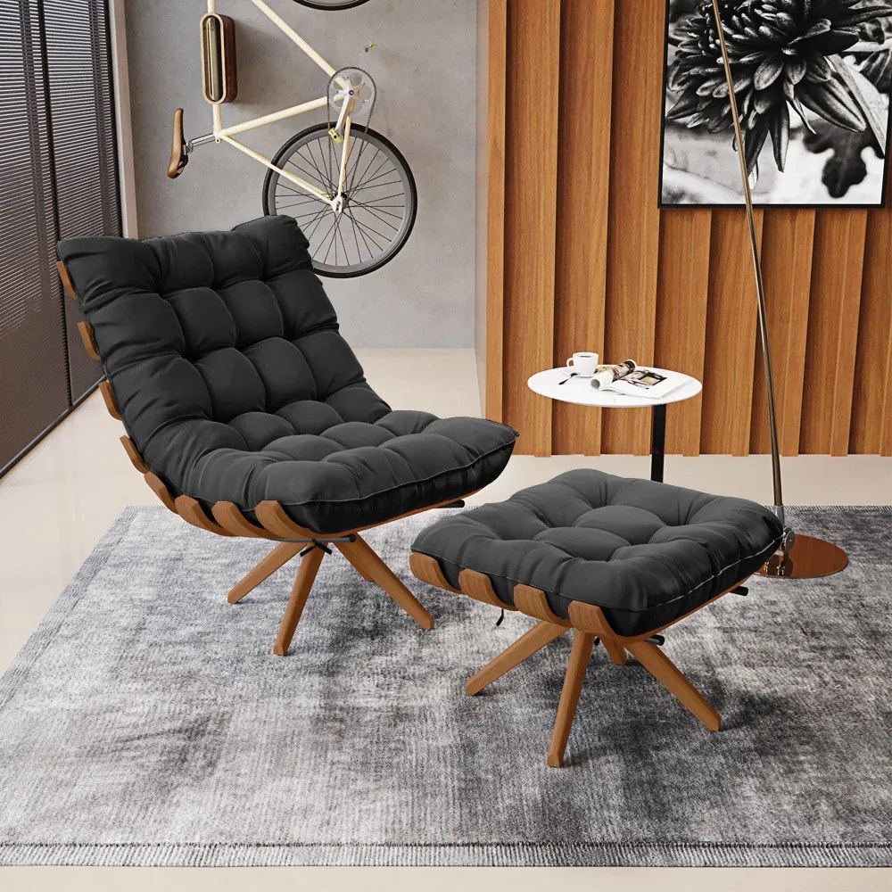 Puff Giratório Costela kit 2 Suede Preto Base de Madeira MA30 M11 - D'Rossi