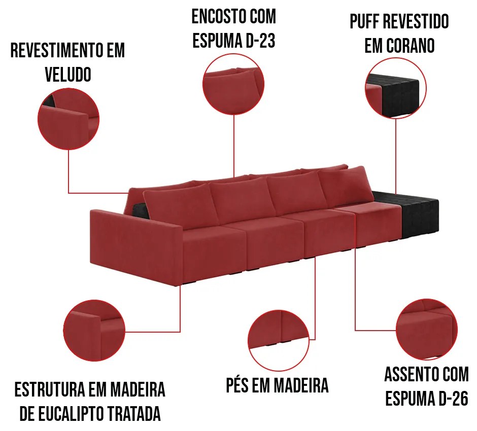 Sofá Ilha 4 Lugares Living 512cm Modulado Sala Lary Veludo/PU Pto K01 - D'Rossi - Vermelho