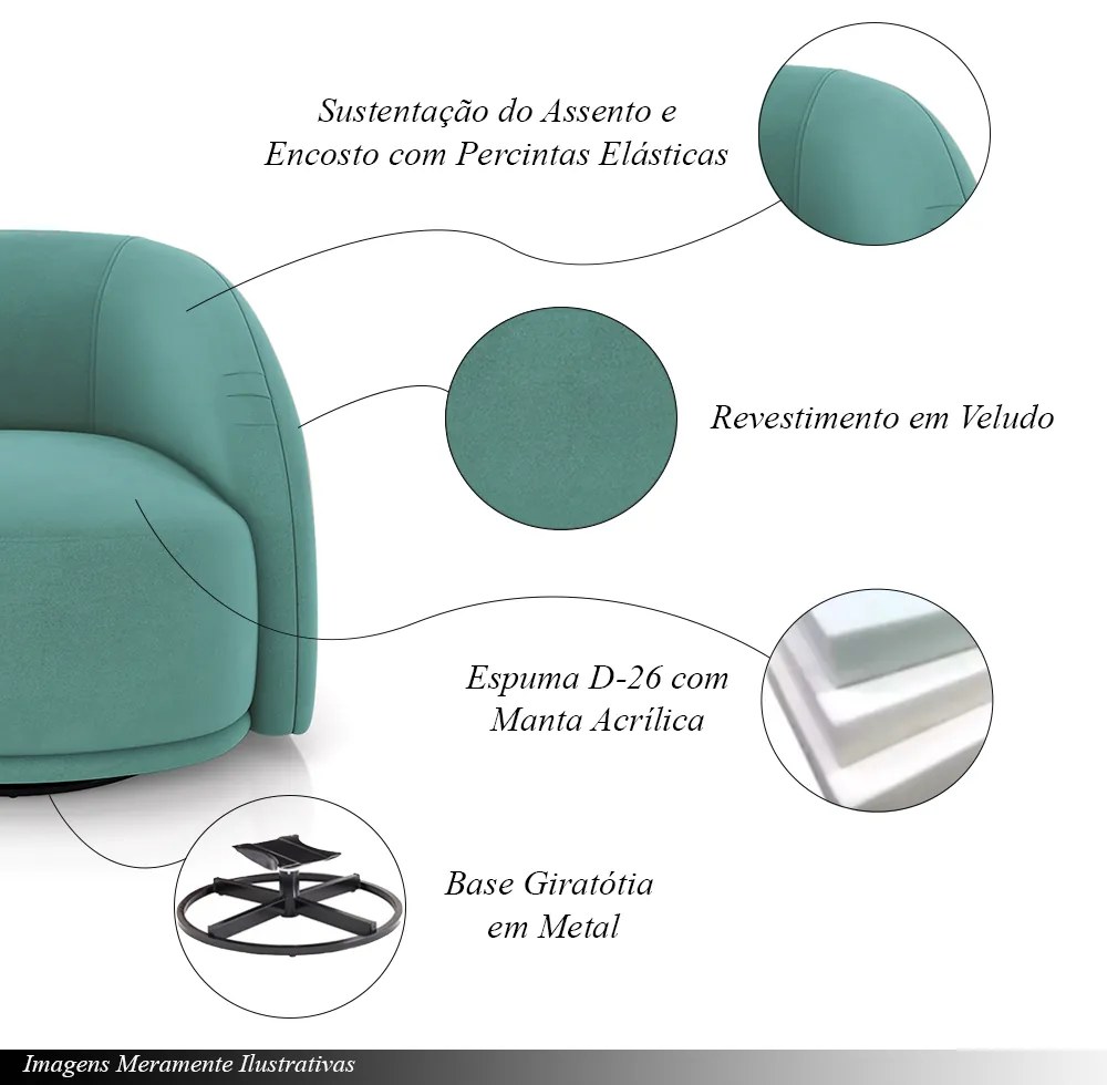 Kit 2 Poltronas Decorativas Jenny Base Giratória em Metal Preto Veludo Azul Turqueza G45 - Gran Belo