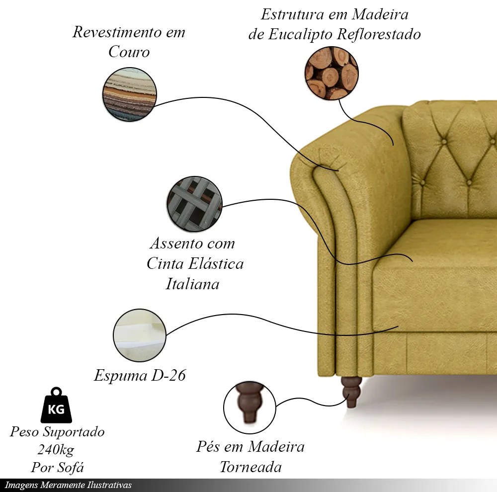 Conjunto de Sofá Sala de Estar Stanford Chesterfield 2 e 3 Lugares 180cm/260cm Pés Madeira Couro Bege Manchado G58 - Gran Belo