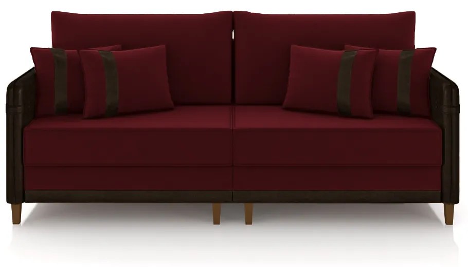 Sofá Living Montecarlo 3 Lugares Bipartido 232cm Pés em Madeira Veludo/PU Bordô/Marrom G33 - Gran Belo