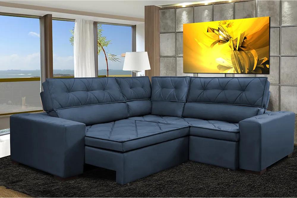 Sofa De Canto Retrátil E Reclinável Com Molas Cama Inbox Austin 2,60m X 2,60m Suede Velusoft Azul