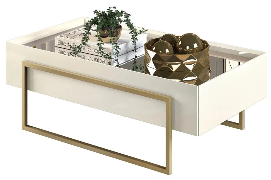 Mesa de Centro Decorativa com Espelho no Tampo Jasper Off White/Dourado G18 - Gran Belo
