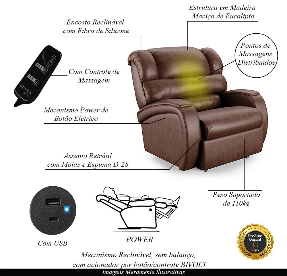 Poltrona do Papai Reclinável Napoli Power Touch Massagem PU Marrom Brilho FH1 - D'Rossi