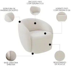 Poltrona para Sala de Estar Giratória Orgânica Garbin Z08 Boucle Bege