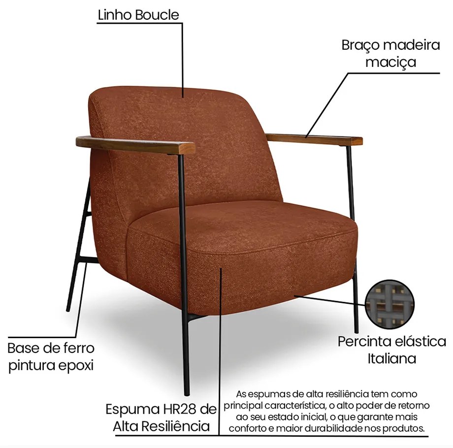 Poltrona Sala de Estar Base Industrial Preto Talim Bouclê Marrom S04 - D'Rossi