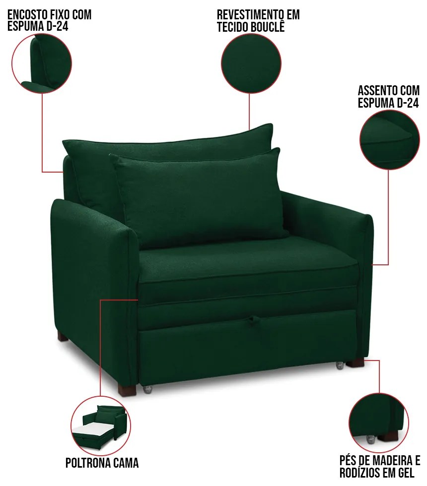 Poltrona Cama Retrátil Solteiro com Rodízio Cloe Bouclê E03 - D'Rossi - Verde