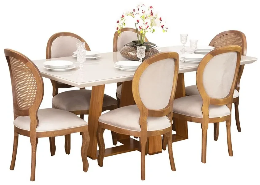 Conjunto Sala de Jantar Mesa Coyle com 6 Cadeiras Medalhão - Wood Prime  44669