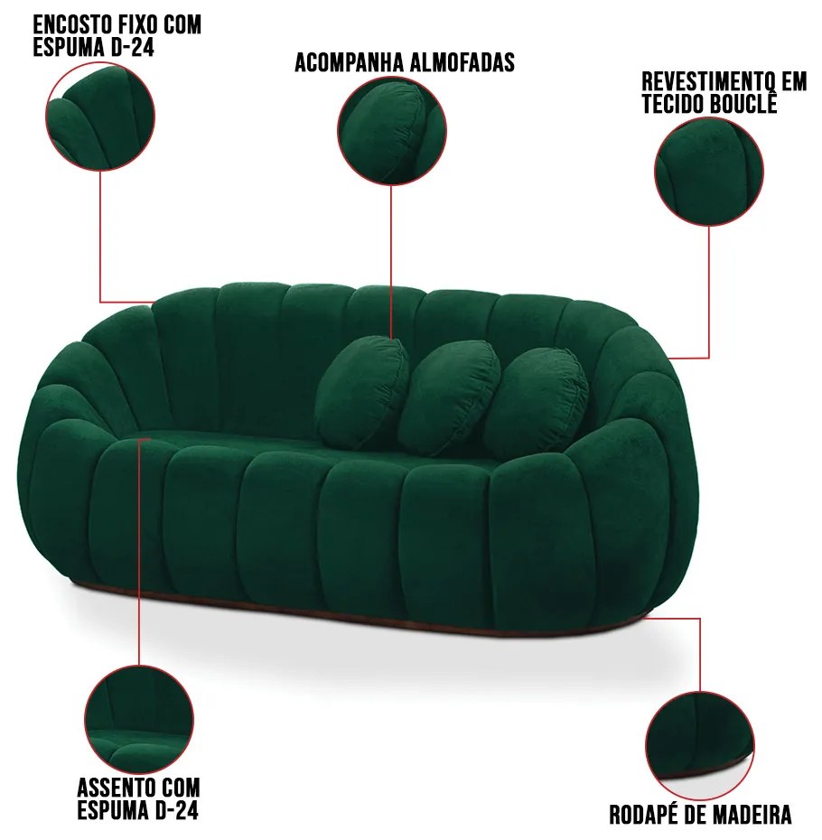 Sofá 2 Lugares com Puff e Poltrona Giratória Orgânica Cloud Bouclê Verde E03 - D'Rossi