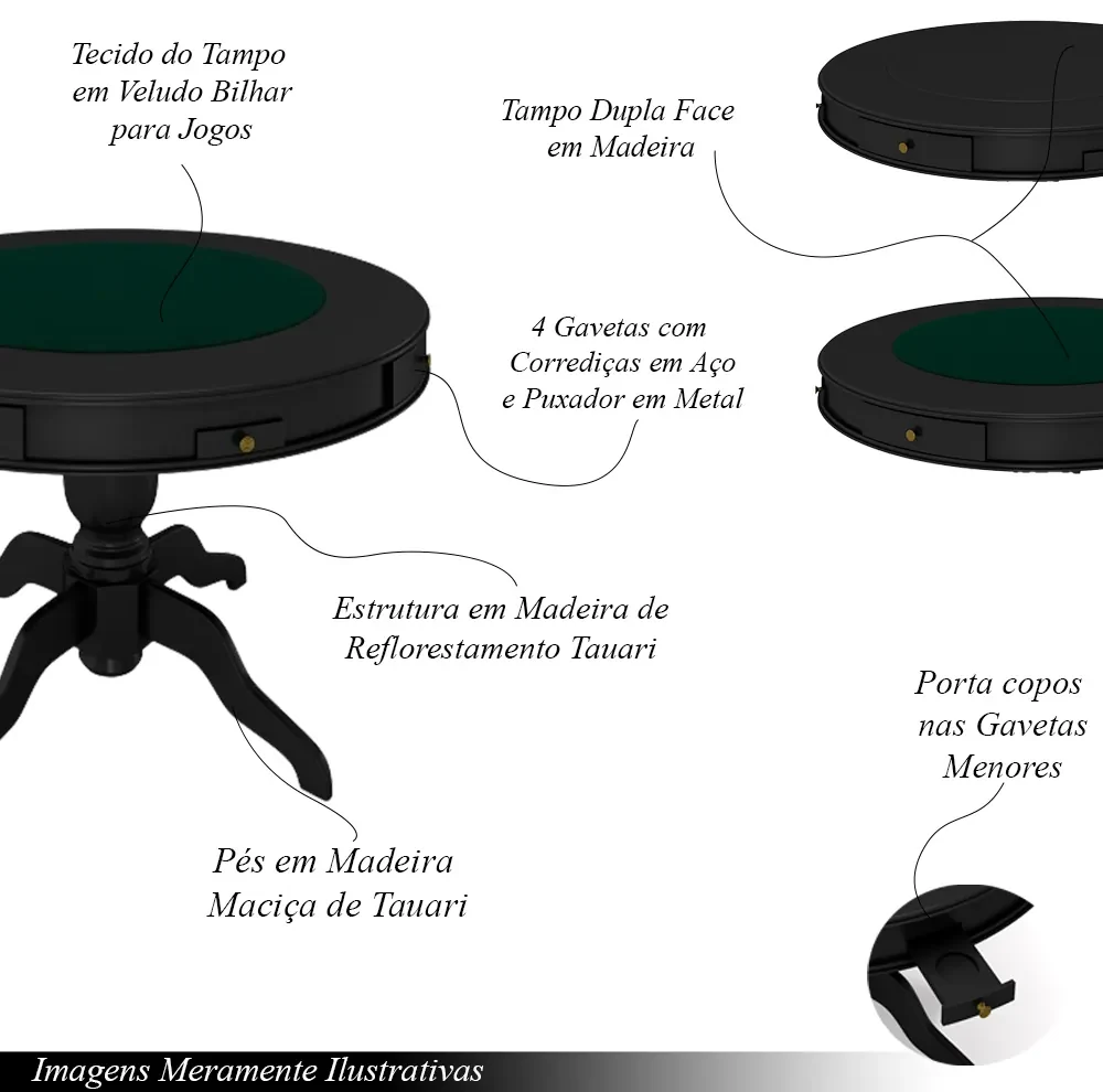 Conjunto Mesa de Jogos Carteado Bellagio Tampo Reversível e 4 Cadeiras Madeira Poker Base Estrela PU Marrom/Preto G42 - Gran Belo
