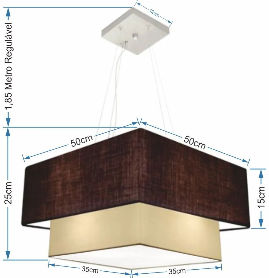 Lustre Pendente Duplo Quadrado Vivare Md-4066 Cúpula em Tecido 50x35cm - Bivolt