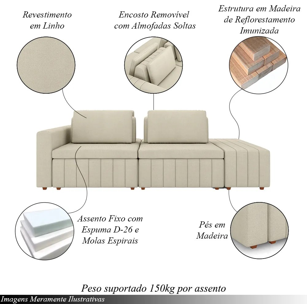 Sofá Ilha com Encosto e Almofadas Móveis Olimpo 265cm Modulado Linho Bege G45 - Gran Belo