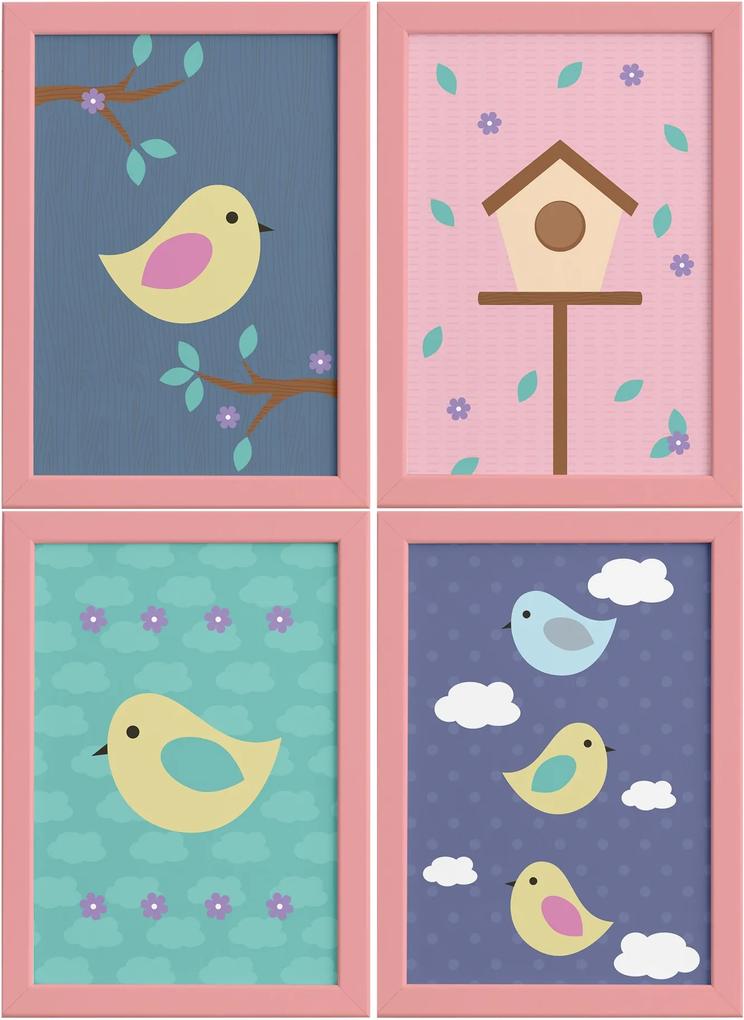 Quadros Decorativos Infantil Pássaros Moldura Rosa 4un 22x32