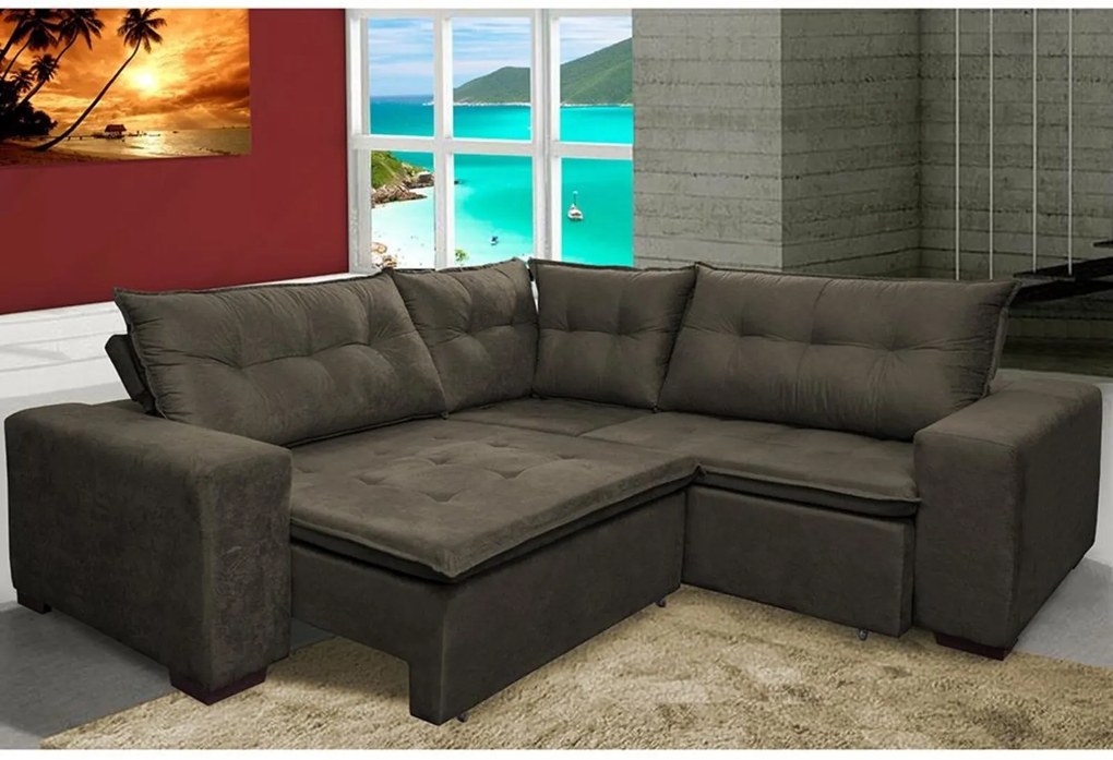 Sofa de Canto Retrátil e Reclinável com Molas Cama inBox Oklahoma 2,40m x 2,40m Suede Velusoft Café
