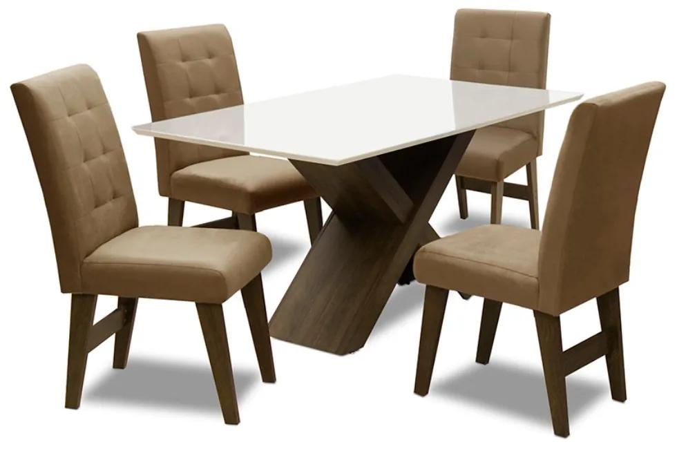 Conjunto Mesa de Jantar com 04 Cadeiras Agata 135cm Castanho/Branco Off/Mascavo - ADJ DECOR