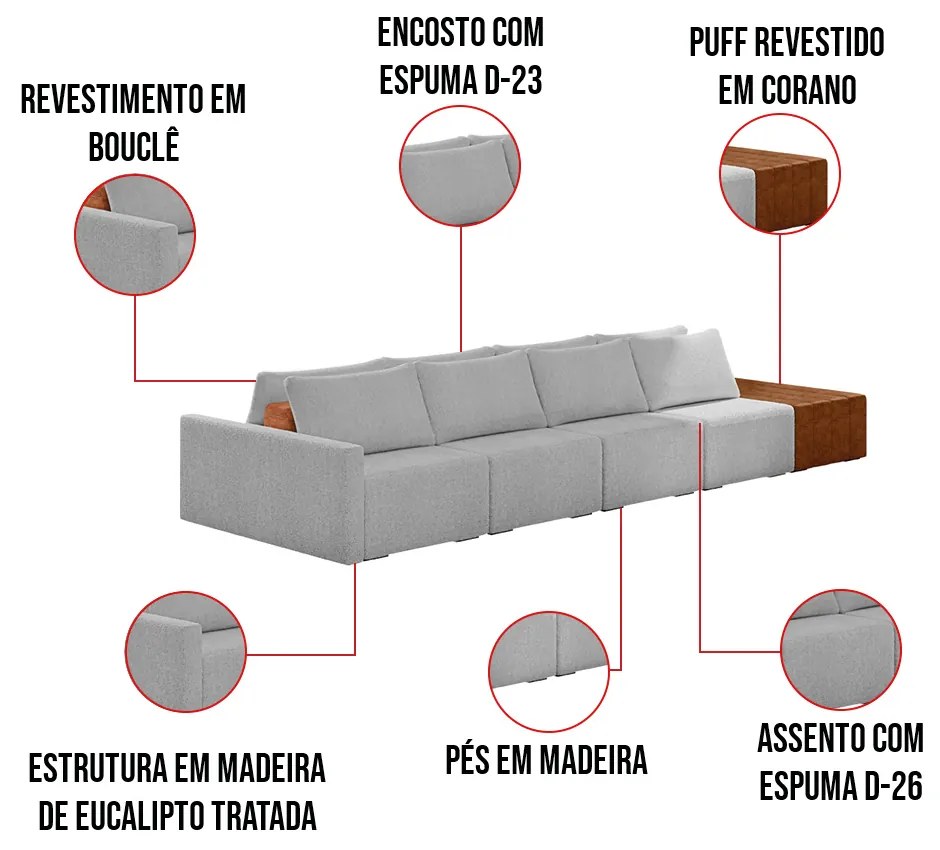 Sofá Ilha 4 Lugares Living 472cm Modulado para Sala Lary Bouclê K01 - D'Rossi - Cinza claro