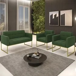 Sofá Namoradeira e 2 Poltronas Base Industrial Dourado Ana Suede Verde