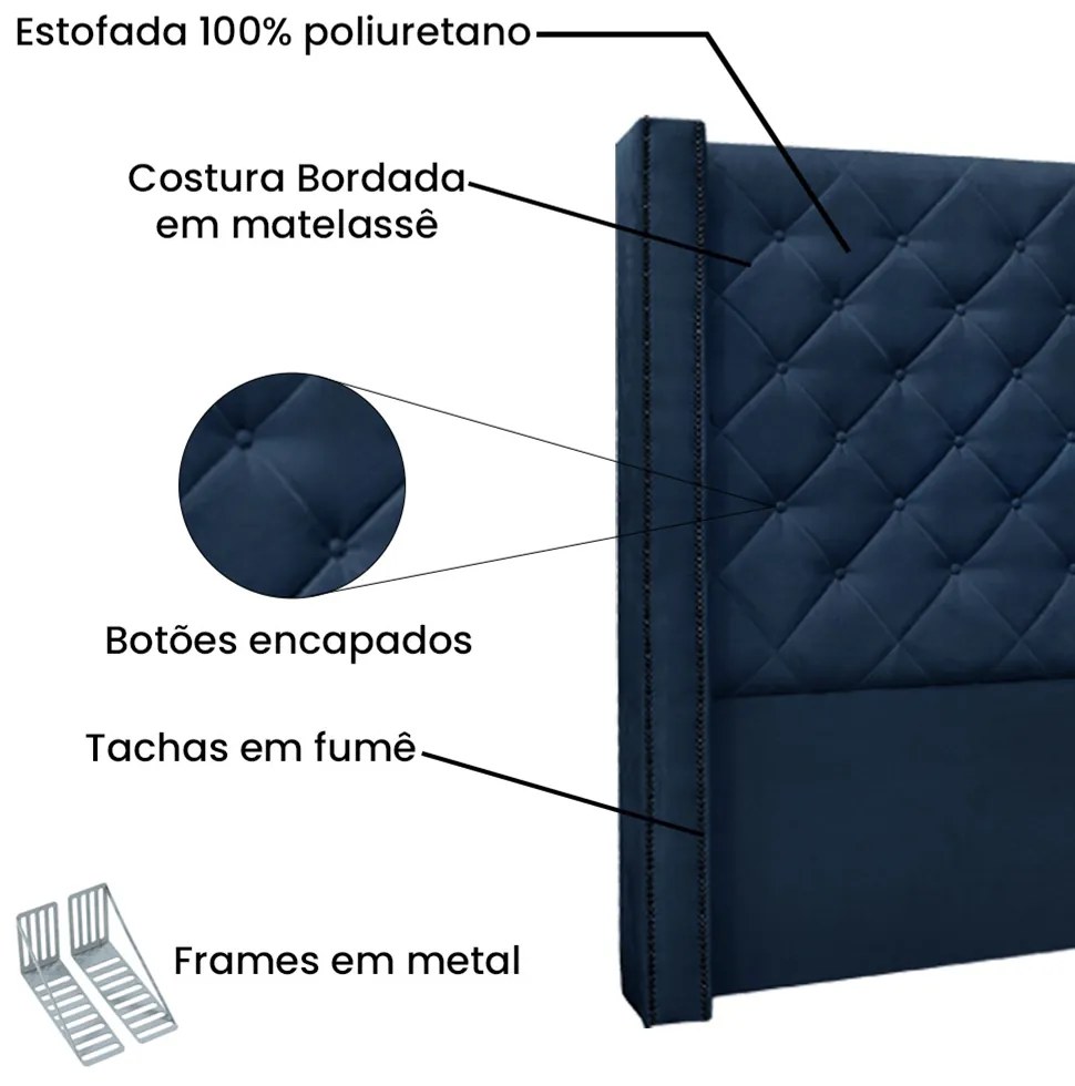 Cabeceira Cama Box Queen 160cm e Recamier Vicenza Suede Azul Marinho S04 - D'Rossi