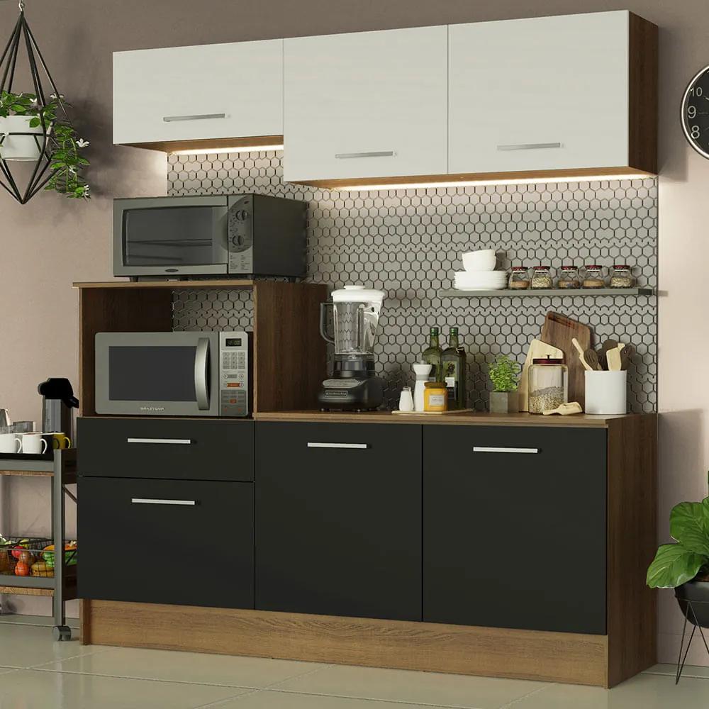 Cozinha Compacta Madesa Onix 180001 com Armário e Balcão Rustic/Preto/Branco 5Z77 Cor:Rustic/Preto/Branco