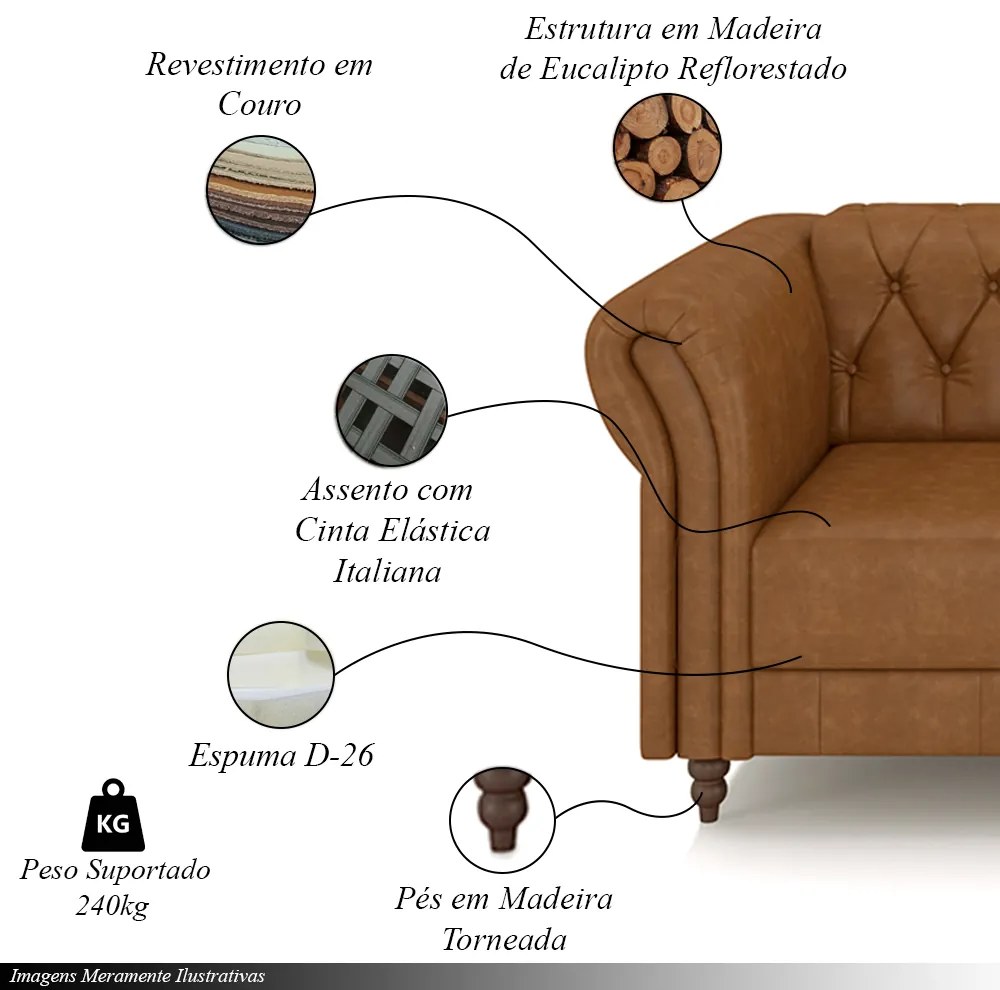 Sofá Living Sala de Estar Stanford Chesterfield 3 Lugares 260cm Pés de Madeira Couro Mel Manchado G58 - Gran Belo