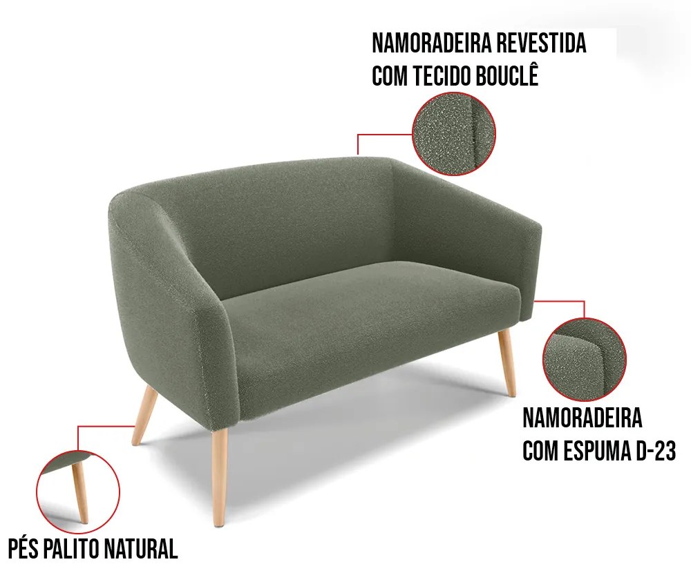 Sofá 2 Lugares Namoradeira Pé Palito Natural Stella Bouclê Pistache D03 - D'Rossi