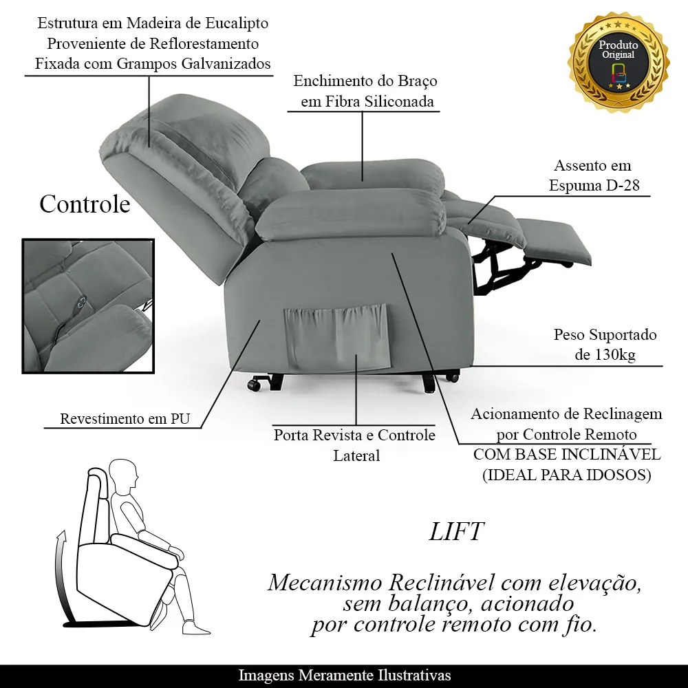 Poltrona do Papai Reclinável Melim Elevação Lift Elétrico PU Cinza FH1 - D'Rossi