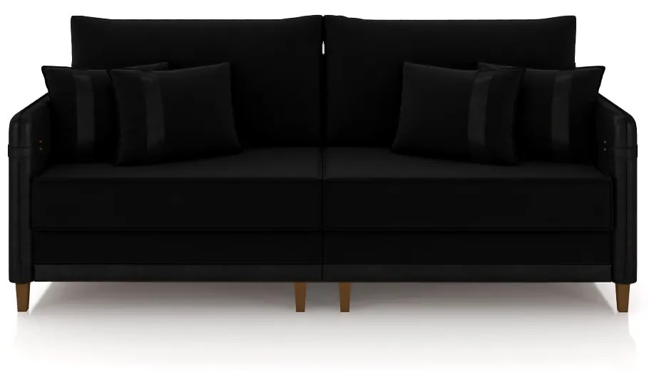 Sofá Living Montecarlo 3 Lugares Bipartido 252cm Pés em Madeira Veludo/PU Preto G33 - Gran Belo