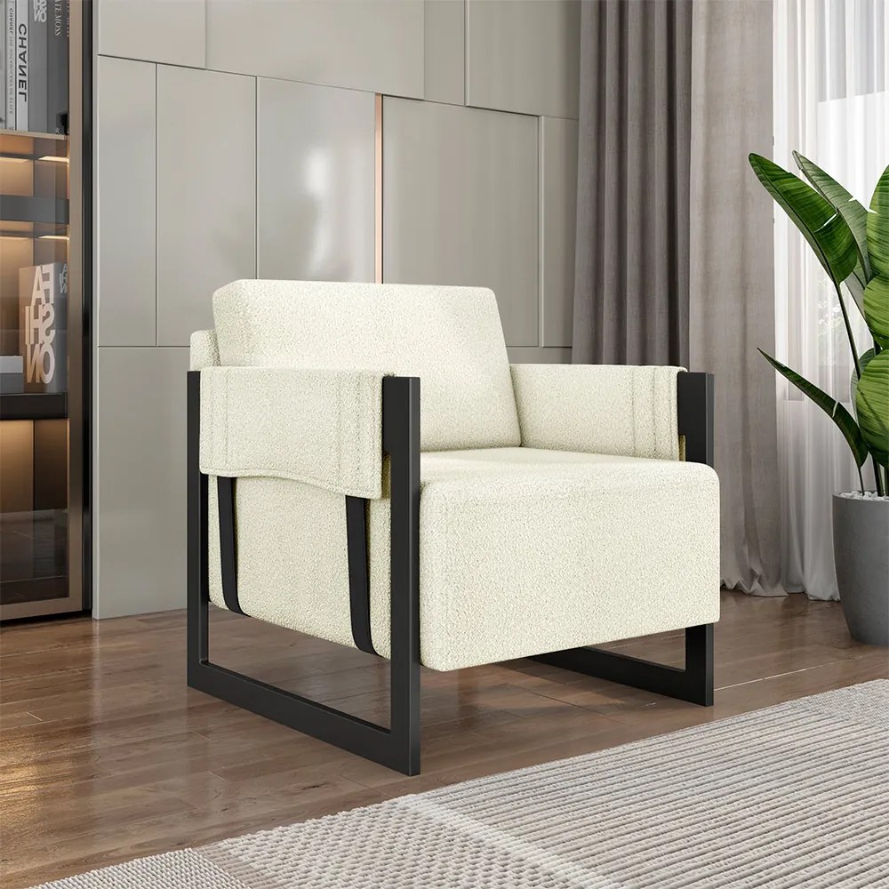 Kit 2 Poltronas Decorativa Sala de Estar Moria Base em Ferro Bouclê Preto/Off White G33 - Gran Belo