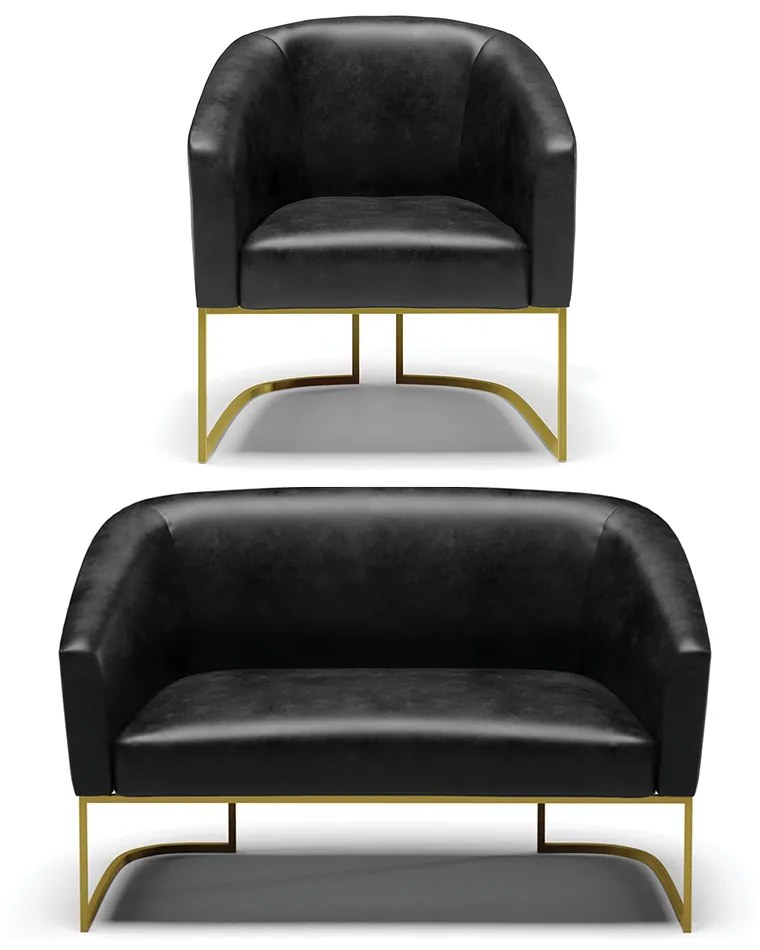 Sofá Namoradeira e Poltrona Base Industrial Dourado Stella Sintético PU D03 - D'Rossi - Preto