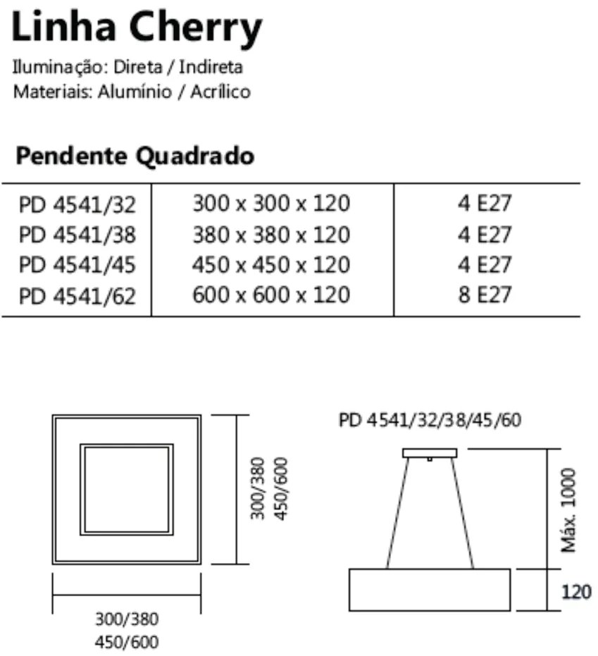 Pendente Quadrado Cherry 4L E27 38X38X12Cm | Usina 4541/38 (BT - Branco Texturizado)