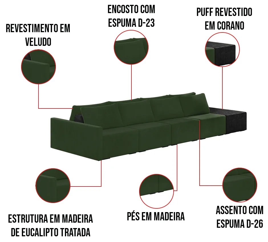 Sofá Ilha 4 Lugares Living 392cm Modulado Sala Lary Veludo/PU Pto K01 - D'Rossi - Verde