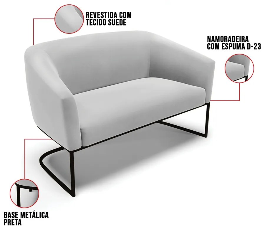 Sofá 2 Lugares Namoradeira Industrial Preto Stella Suede D03 - D'Rossi - Cinza
