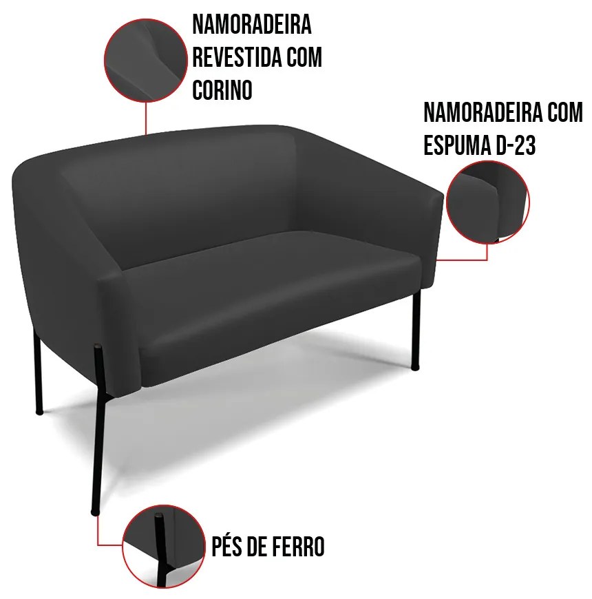 Sofá 2 Lugares Namoradeira Pé de Ferro Preto Stella Sintético D03 - D'Rossi - Preto