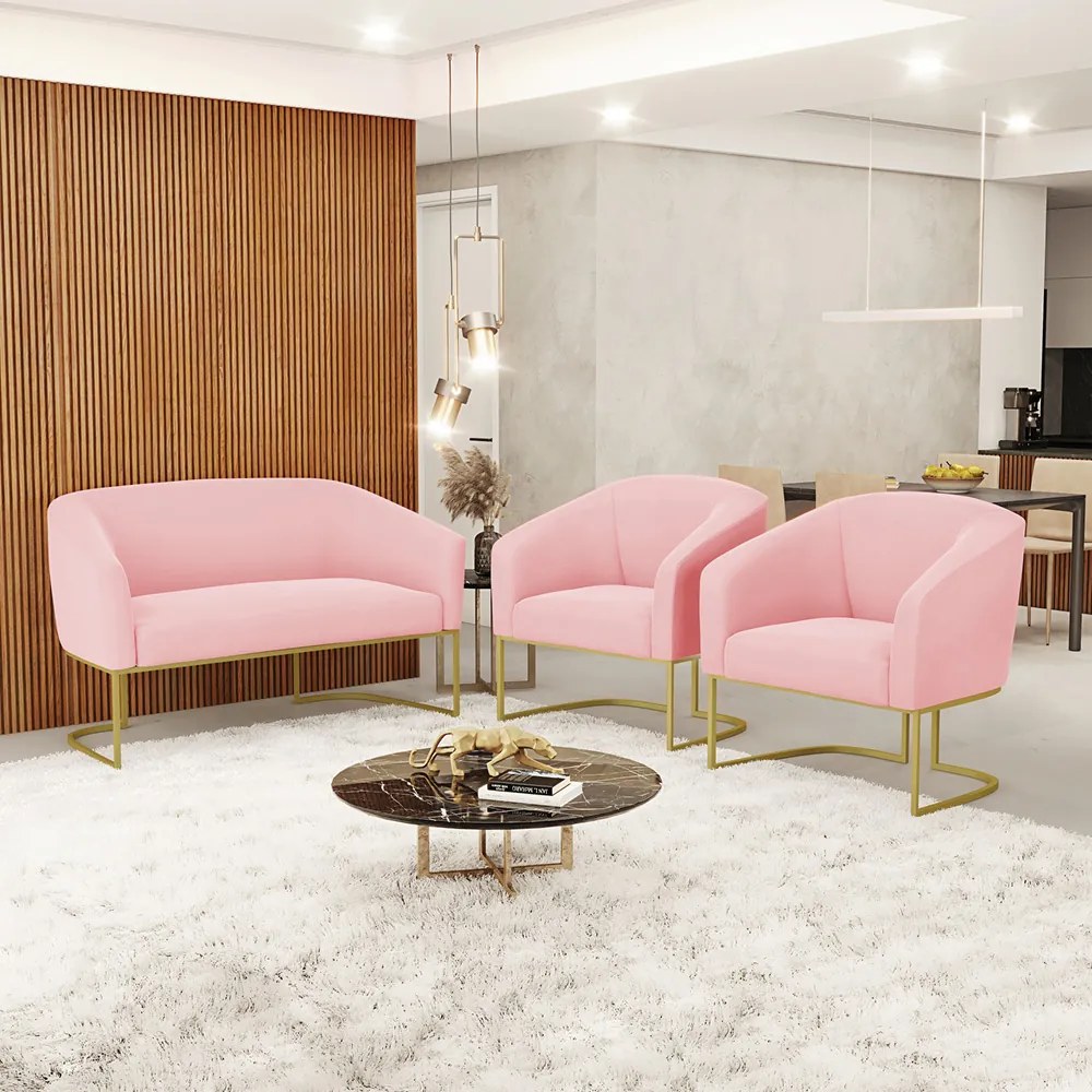 Namoradeira e 2 Poltronas Industrial Dourado Stella Suede Rosa Bebê D03 - D'Rossi