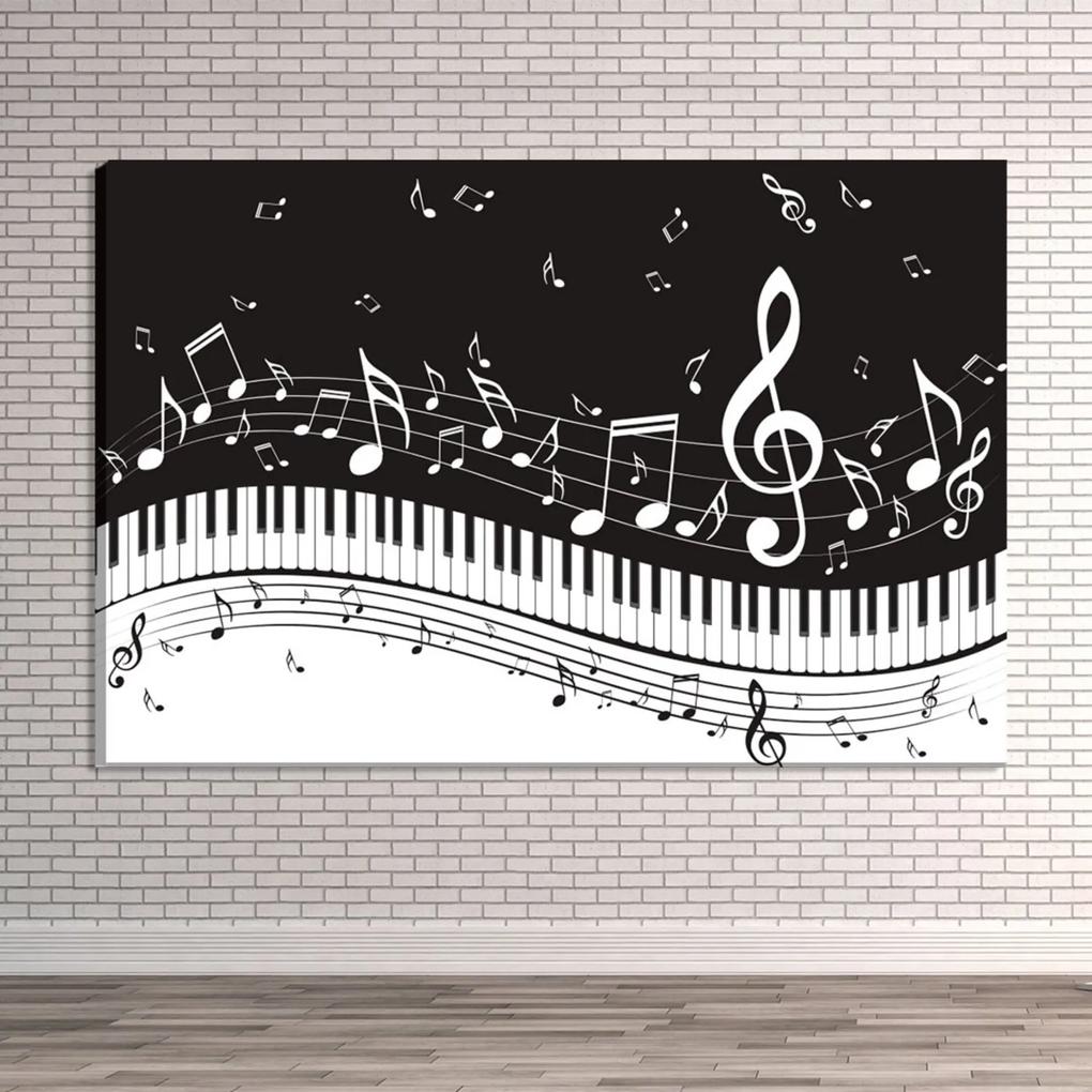 Tela Decorativa Piano com Fundo de Notas Musicais Preto e Branco - Tamanho: 60x90cm (A-L) Unico