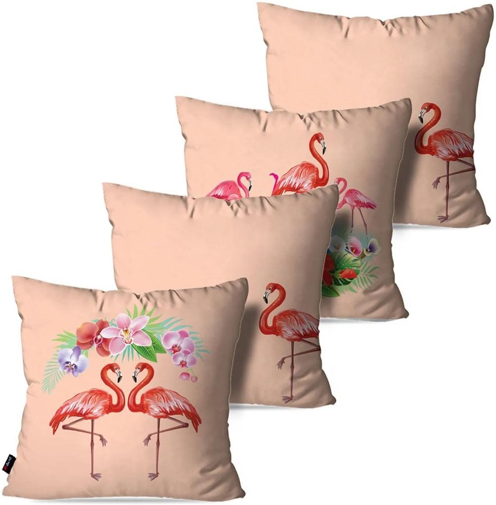 Kit Com 4 Capas Para Almofadas Pump Up Decorativas Rosa Envelhecido Flamingos E Flores 45X45Cm
