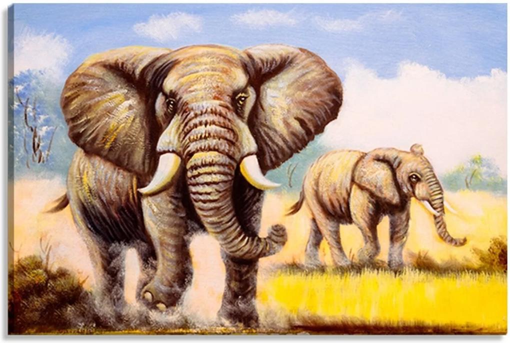 Tela Decorativa Estilo Pintura Elefantes Safari - Tamanho: 60x90cm (A-L) Unico