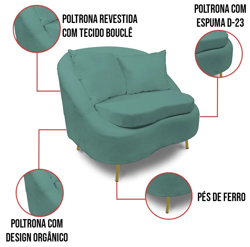 Poltrona Decorativa Orgânica Pé Ferro Dou Zaya Bouclê C05 - D'Rossi - Verde Menta