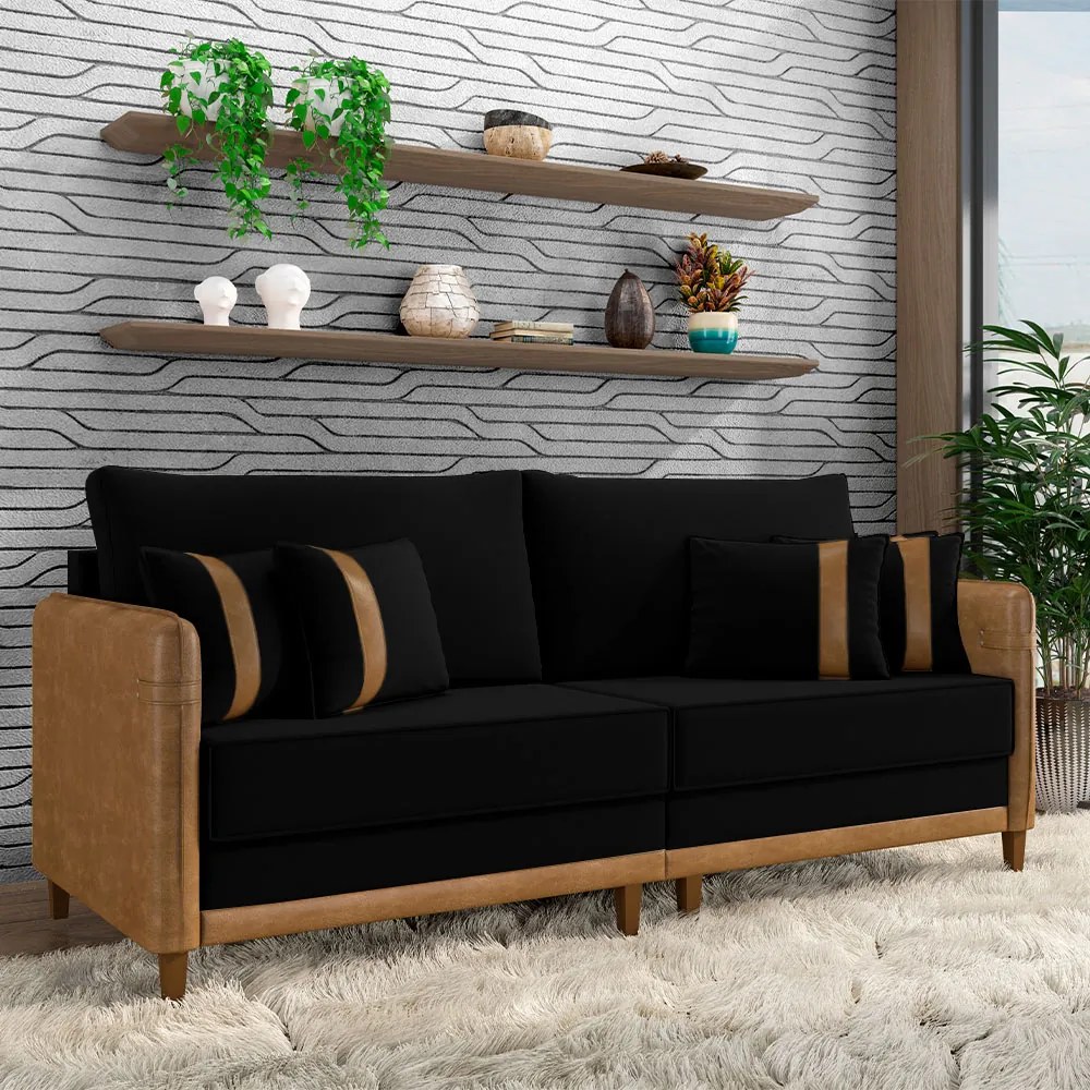 Sofá Living Montecarlo 2 Lugares Bipartido 192cm Pés em Madeira Veludo/PU Preto/Caramelo G33 - Gran Belo