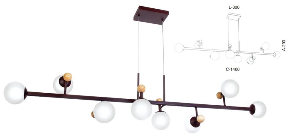 Pendente Retangular Detalhe Madeira 140X30X29Cm Metal E Globo Ø10Cm 08... (DOURADO FOSCO, CLEAR (TRANSPARENTE))