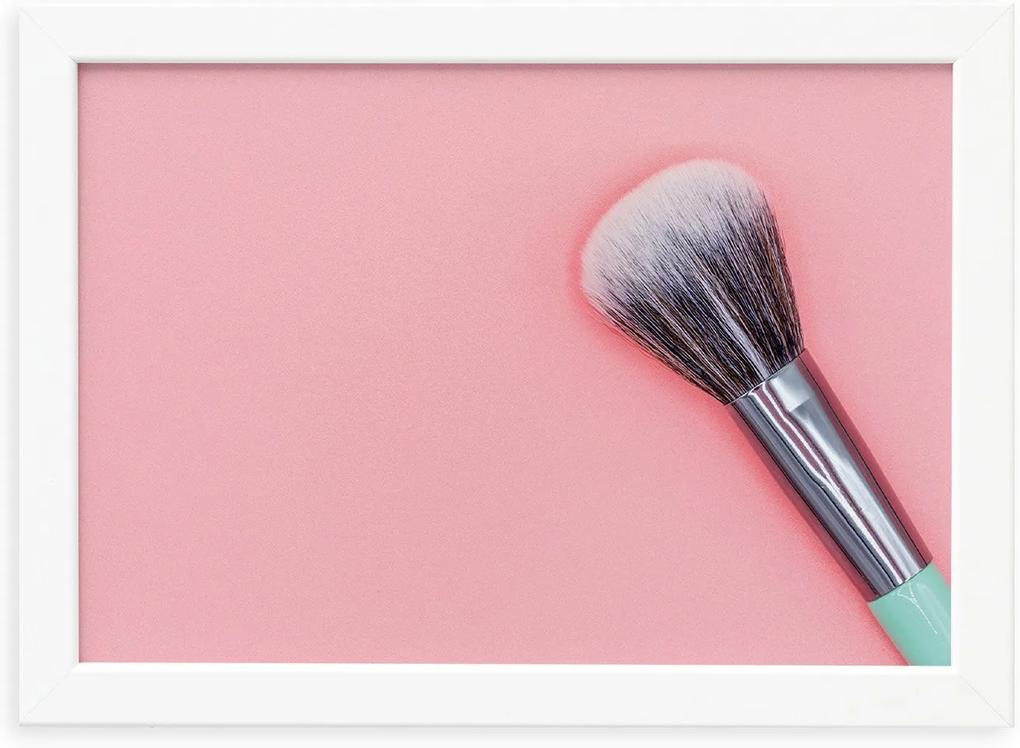 Quadro Pincel Maquiagem Fundo Rosa Moldura Branca 33x43cm
